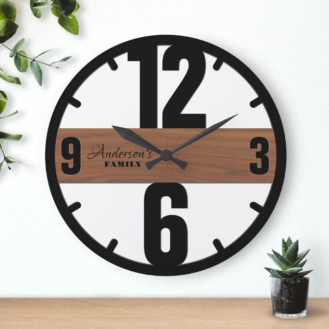 Brown Wood Custom Family Name Elegant Minimalist Large Clock (Creator Uploaded)