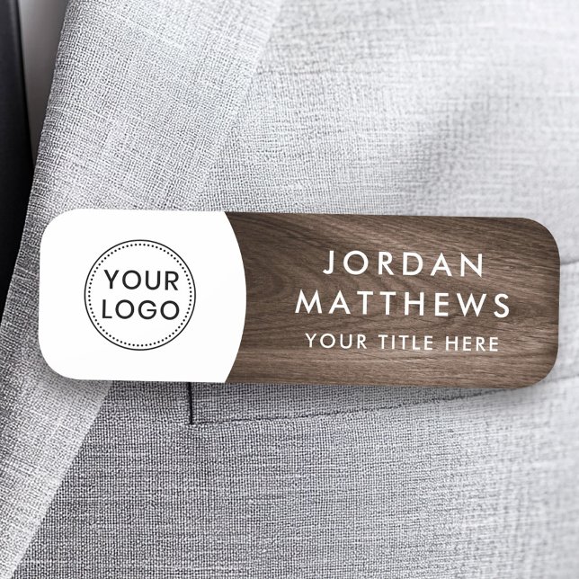 Brown wood custom logo, name and title white name  tag (Brown wood custom logo, name and title white name name tag)