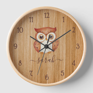 Brown Wood Cute Owl Watercolor Handwriting Name Clock