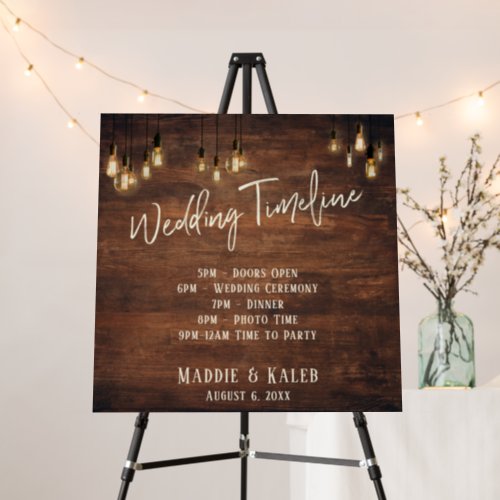 Brown Wood Edison Lights Wedding Timeline Sign