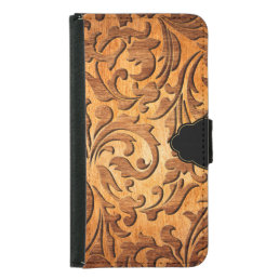 Brown Wood Elegant Carved Floral Design Samsung Galaxy S5 Wallet Case