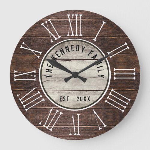 Brown Wood Family Name Farmhouse Roman Numeral    Large Clock