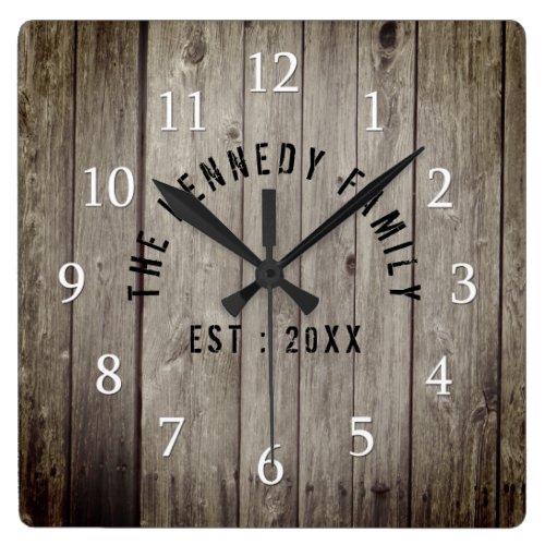 Brown Wood Farmhouse Family Name Square Wall Clock