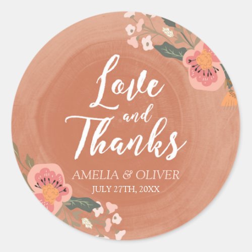 Brown Wood Floral Rustic Wedding Love and Thanks Classic Round Sticker