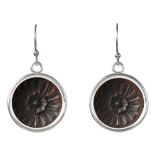 Brown Wood Flower Image Drop Earrings