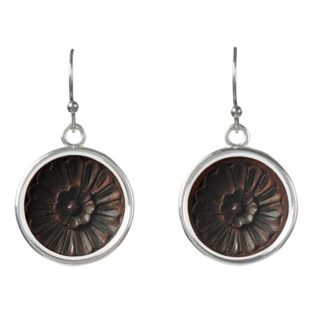 Brown Wood Flower Image Drop Earrings (Front)