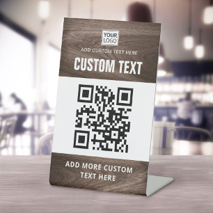 Brown wood grain look custom logo QR code and text Pedestal Sign