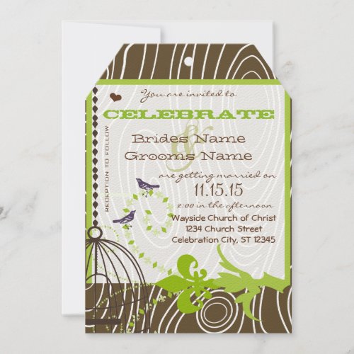 Brown Wood Grain Love Birds Apple Green Borders Invitation