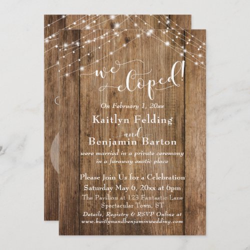 Brown Wood Lights We Eloped Typography Reception Invitation
