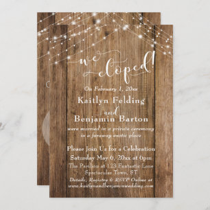 Brown Wood Lights We Eloped Typography, Reception Invitation