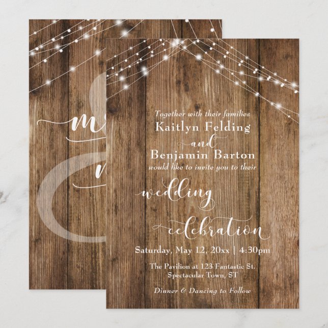 Brown Wood Lights Wedding Celebration Calligraphy Invitation (Front/Back)