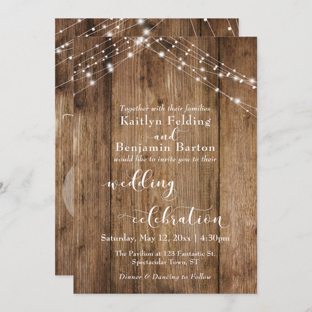 Brown Wood Lights Wedding Celebration Calligraphy Invitation | Zazzle