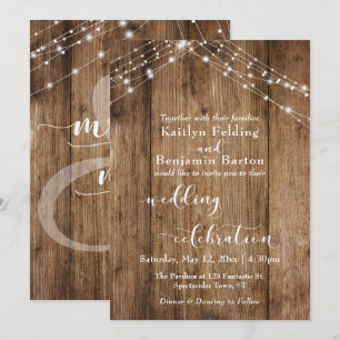 Brown Wood Lights Wedding Celebration Calligraphy Invitation