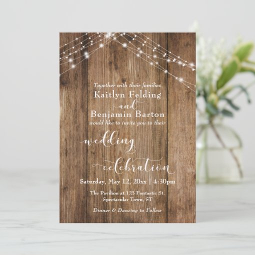 Brown Wood Lights Wedding Celebration Calligraphy Invitation | Zazzle