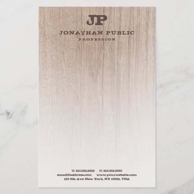 Brown Wood Look Monogram Elegant Template Stationery (Front)