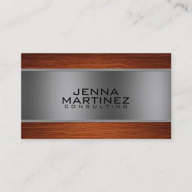 Brown Wood & Metallic Silver Consulting Business Card (Front)