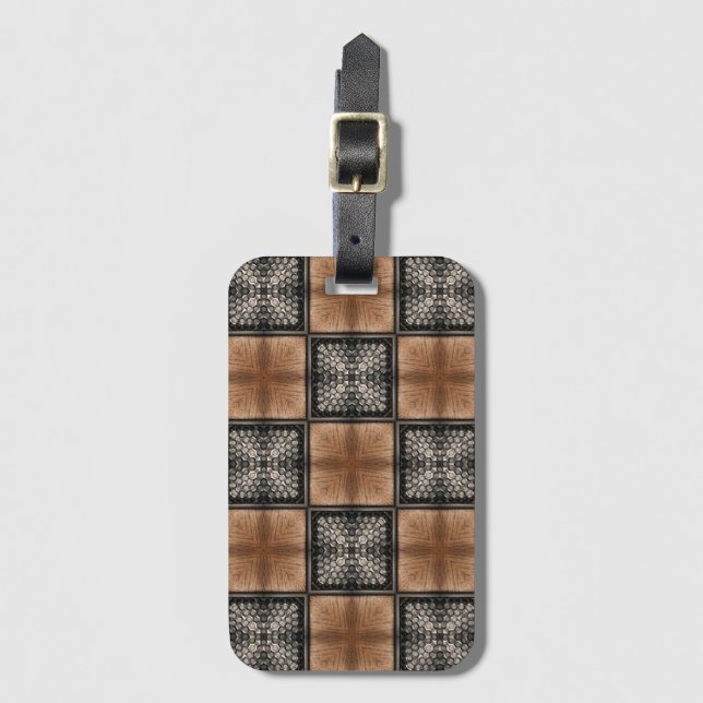 Brown Wood on Black Grid Check Luggage Tag (Front Vertical)