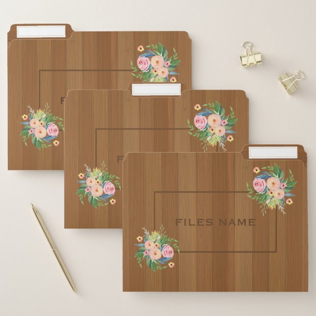 Brown wood planks & flowers bouquet file folder (Set)