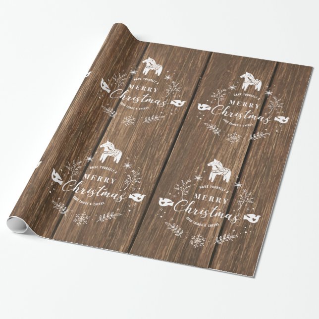 Brown wood planks white Christmas ornament Wrapping Paper (Unrolled)