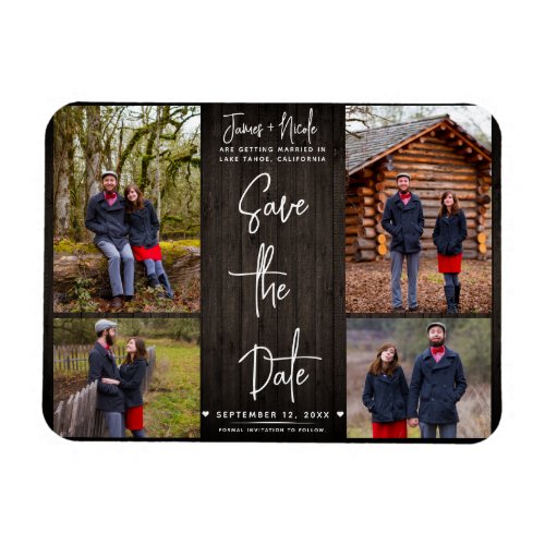 Brown Wood Rustic 4 Photos Save the Date Wedding  Magnet