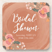 Brown Wood Rustic Floral Bridal Shower Drink Coaster