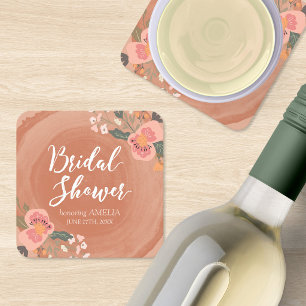 Brown Wood Rustic Floral Bridal Shower Square Paper Coaster
