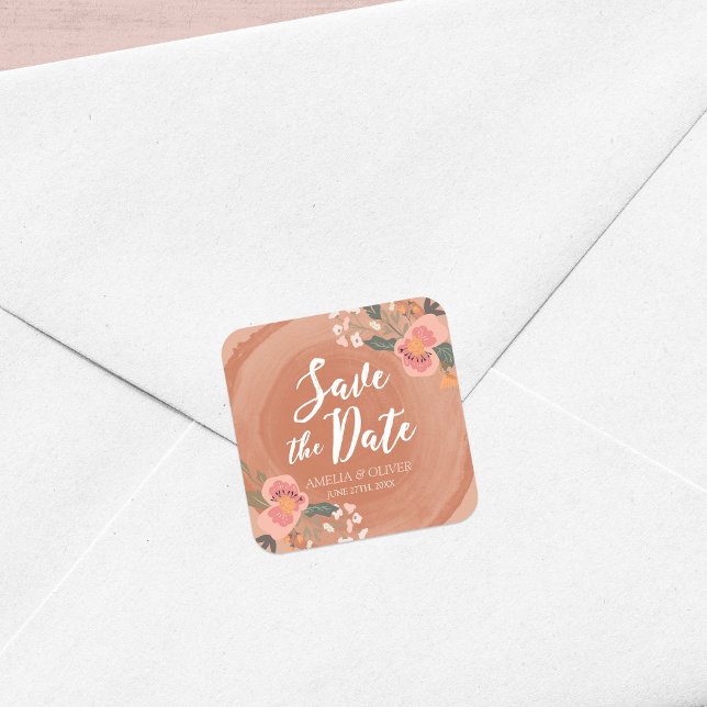 Brown Wood Rustic Floral Save the Date Square Sticker (Creator Uploaded)