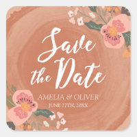 Brown Wood Rustic Floral Save the Date Square Sticker