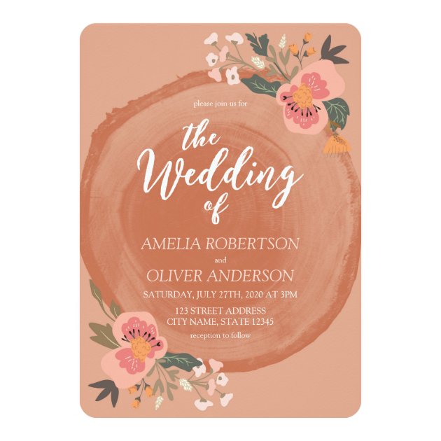 Brown Wood Rustic Floral Wedding Invitation