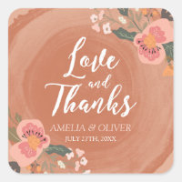 Brown Wood Rustic Floral Wedding Love and Thanks Square Sticker
