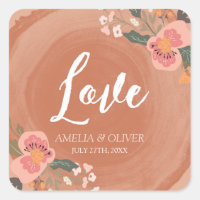 Brown Wood Rustic Floral Wedding Love Square Sticker