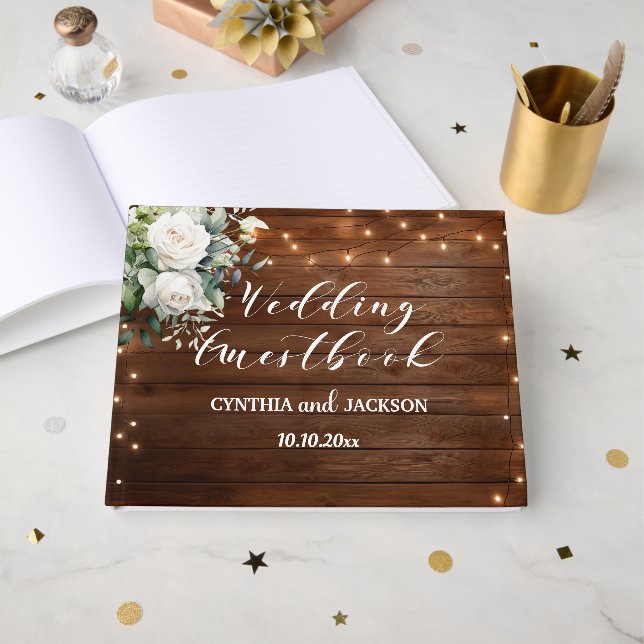 Brown Wood Rustic String Lights Floral Wedding Guest Book (Front Open)
