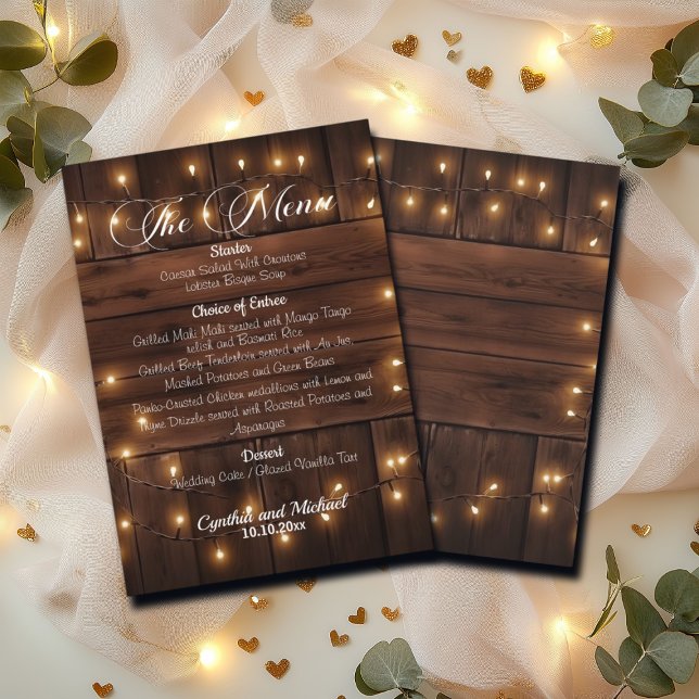 Brown Wood Rustic String Lights Wedding Menu (Creator Uploaded)
