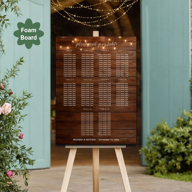 Brown Wood String Lights 10 Tables Wedding Seating Foam Board (Creator Uploaded)