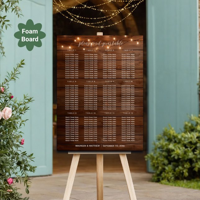 Brown Wood String Lights 12 Tables Wedding Seating Foam Board (Creator Uploaded)