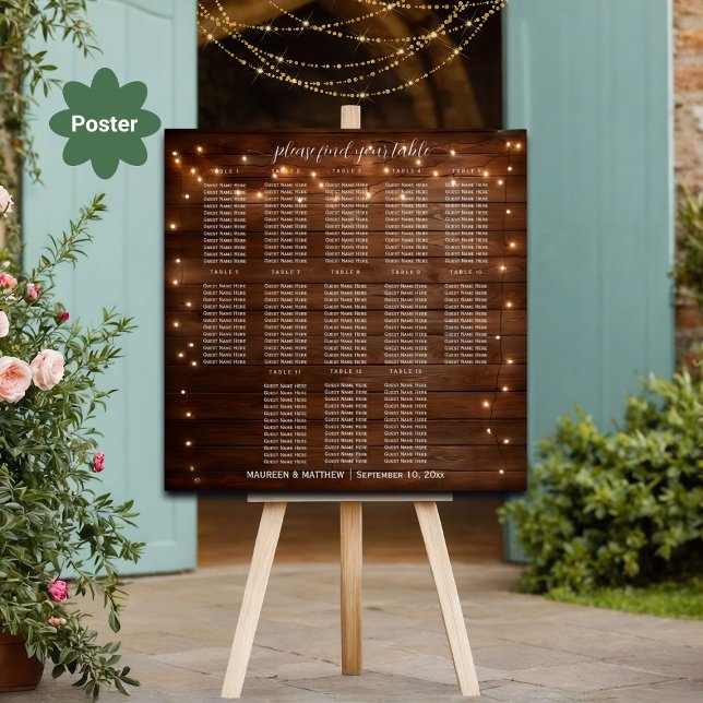 Brown Wood String Lights 13 Tables Wedding Seating Poster (Creator Uploaded)