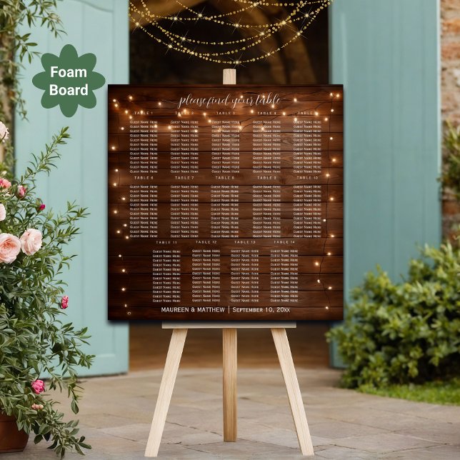 Brown Wood String Lights 14 Tables Wedding Seating Foam Board (Creator Uploaded)