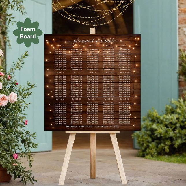 Brown Wood String Lights 15 Tables Wedding Seating Foam Board (Creator Uploaded)