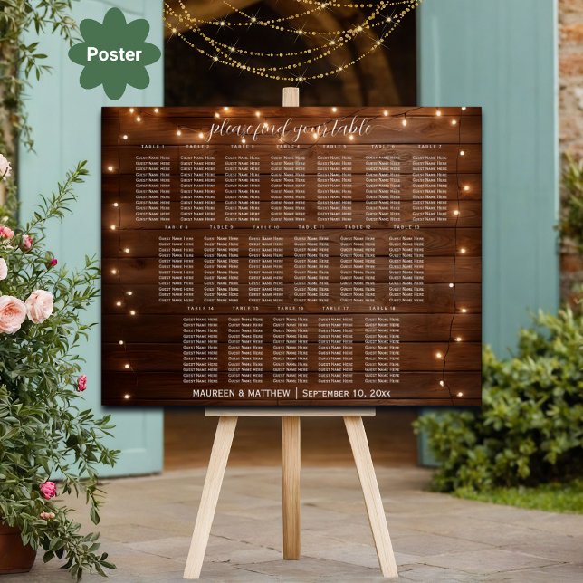 Brown Wood String Lights 18 Tables Wedding Seating Poster (Creator Uploaded)