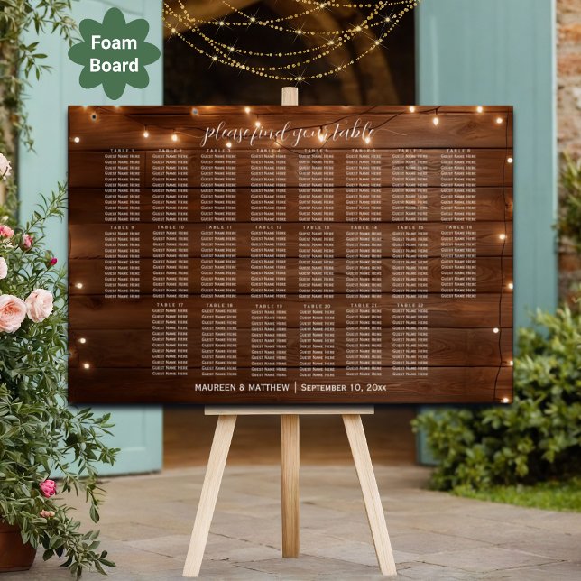 Brown Wood String Lights 22 Tables Wedding Seating Foam Board (Creator Uploaded)