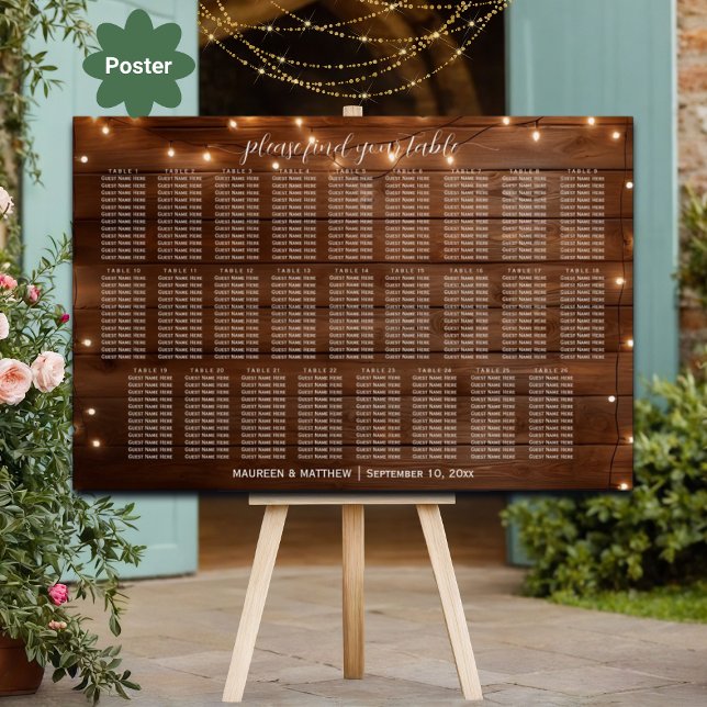 Brown Wood String Lights 26 Tables Wedding Seating Poster (Creator Uploaded)