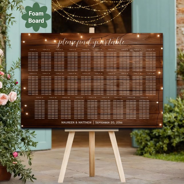 Brown Wood String Lights 29 Tables Wedding Seating Foam Board (Creator Uploaded)
