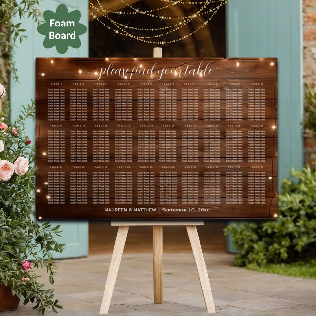 Brown Wood String Lights 30 Tables Wedding Seating Foam Board (Creator Uploaded)