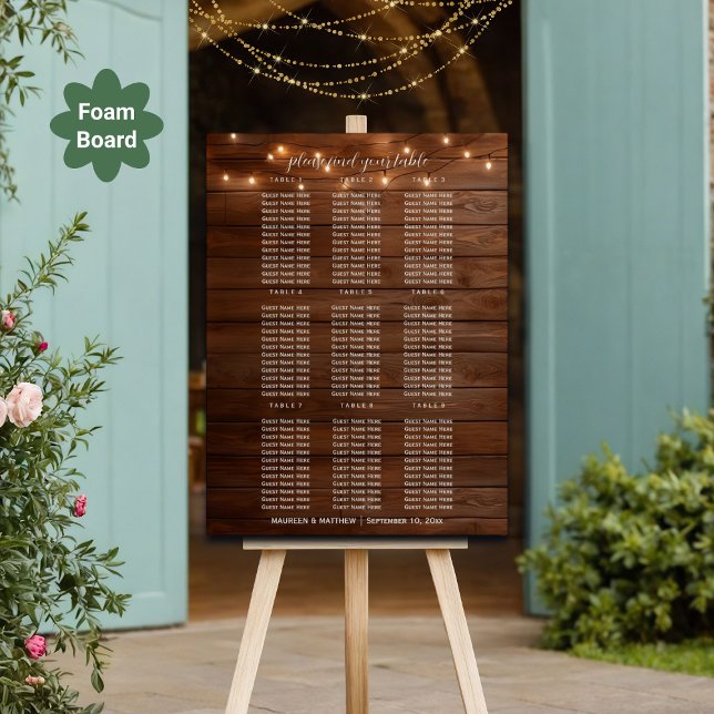 Brown Wood String Lights 9 Tables Wedding Seating Foam Board (Creator Uploaded)
