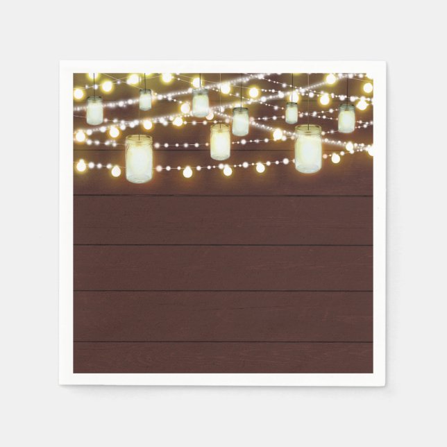 Brown Wood & String Lights Country Rustic Party Napkins (Front)
