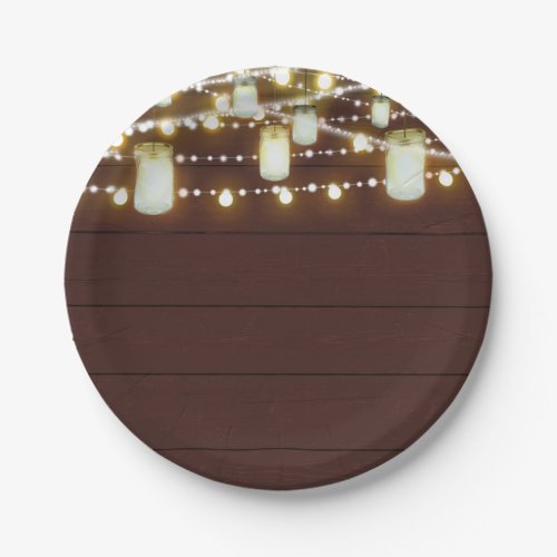 Brown Wood  String Lights Country Rustic Party Paper Plates