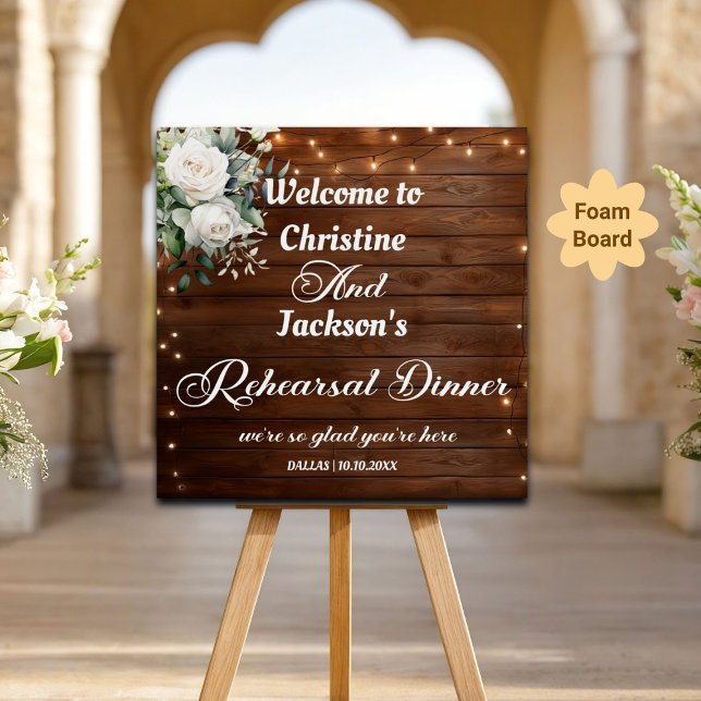 Brown Wood String Lights Rehearsal Dinner Welcome Foam Board (Creator Uploaded)
