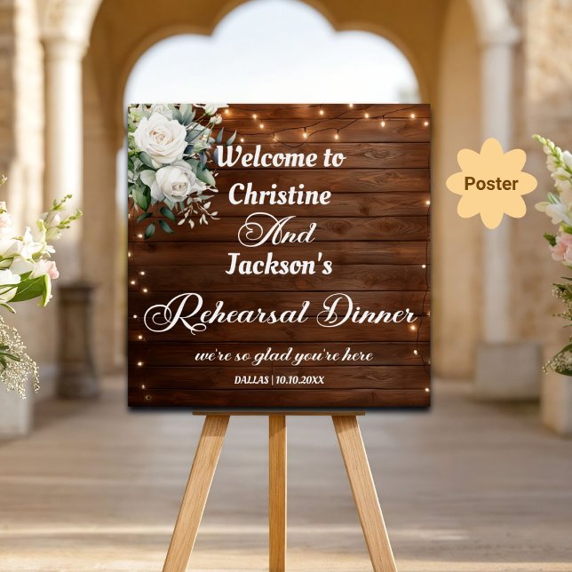 Brown Wood String Lights Rehearsal Dinner Welcome Poster (Creator Uploaded)