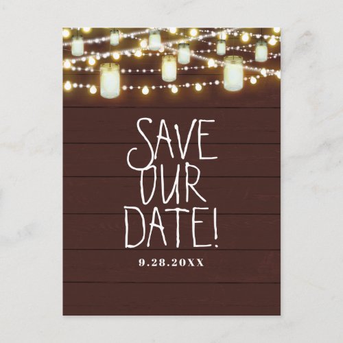 Brown Wood  String Lights Rustic Save The Date Announcement Postcard