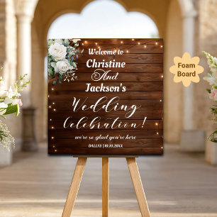 Brown Wood String Lights Wedding Welcome Foam Board